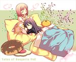  1girl ayamisiro bed_sheet black_eyes black_hair chibi cookie copyright_name doughnut estellise_sidos_heurassein food green_background jam_cookie pillow pink_hair tales_of_(series) tales_of_vesperia yuri_lowell 