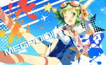  goggles goggles_on_head green_eyes green_hair gumi gun headphones nmse12 one-piece_swimsuit school_swimsuit short_hair smile solo swimsuit vocaloid weapon wrist_cuffs 