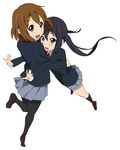  black_hair brown_eyes brown_hair from_above gia_kon highres hirasawa_yui hug k-on! long_hair multiple_girls nakano_azusa pantyhose perspective school_uniform short_hair twintails 