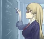  alternate_costume ar_tonelico ar_tonelico_ii bad_id bad_pixiv_id blazer blonde_hair chalk chalkboard chroche_latel_pastalie classroom glasses jacket long_hair necktie profile purple_eyes red-framed_eyewear school_uniform solo terumii 