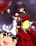  ahoge black_hair bow breast_rest breasts breasts_on_head detached_sleeves hakurei_reimu highres large_breasts m.u.g.e.n ninin_ga_shinobuden onsokumaru original rekise sendai_hakurei_no_miko sideboob sweat touhou yellow_eyes yukkuri_shiteitte_ne 