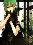  bad_id bad_pixiv_id gloves green_eyes green_hair gumi hand_on_own_chest hand_to_own_mouth just_a_game_(vocaloid) kana_(kwbr) lace scarf short_hair skirt solo striped vocaloid 
