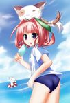  animal animal_on_head bird cat cat_on_head food homerarete_nobiru_radio_pp miyabi_itsuki nobiru-chan on_head popsicle purple_eyes red_hair school_swimsuit shirt short_hair solo swimsuit swimsuit_under_clothes t-shirt 