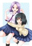  arm_around_waist black_eyes black_hair black_legwear cardigan hug kajiki_yumi kisaragi_miyu kneehighs multiple_girls necktie purple_eyes purple_hair saki school_uniform skirt socks touyoko_momoko tsuruga_school_uniform 