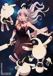  animal_ears bad_id bad_pixiv_id bird breasts bunny_ears bunnysuit cleavage highres long_hair medium_breasts open_mouth original pantyhose penguin penguin_caee purple_hair red_eyes solo space star 