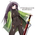  7th_dragon 7th_dragon_(series) ahoge bad_id bad_pixiv_id black_hair blue_eyes bodysuit breasts covered_nipples large_breasts long_hair purple_hair ran_(7th_dragon) saga_taichi samurai_(7th_dragon) skin_tight solo 