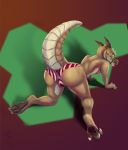  2018 3_toes all_fours anthro bell bridle brown_scales bryce_daeless butt clothed clothing countershading digital_media_(artwork) green_eyes halter kobold looking_at_viewer looking_back panties partially_clothed pawpads phinja presenting presenting_hindquarters raised_tail rear_view reptile scales scalie solo striped_panties tan_scales tight_clothing toes tongue tongue_out topless underwear 