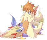  blue_eyes cum dragon erection fellatio flammie kneeling legend_of_mana lying male nude on_back oral oral_sex penis plain_background seiken_densetsu sex shaorune tales tales_of_rebirth white_background 