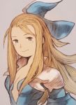  1girl blonde_hair bow bravely_default:_flying_fairy bravely_default_(series) breasts cleavage closed_mouth commentary_request dress edea_lee gloves hair_bow long_hair looking_at_viewer maekakekamen simple_background smile solo 