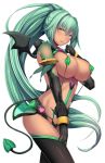  1girl bangs black_legwear blush breasts covered_nipples daiaru dark_persona dark_skin demon_tail demon_wings gloves green_hair green_heart highres large_breasts long_hair looking_at_viewer neptune_(series) open_mouth ponytail simple_background smile solo tail thighhighs very_long_hair white_background wings yellow_eyes 