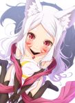  1girl :3 animal_ear_fluff animal_ears bangs blush brown_gloves brown_legwear closed_mouth collarbone dress dutch_angle elbow_gloves facial_mark forehead fox_ears fox_girl fox_tail gloves long_hair matokechi no_shoes parted_bangs pelvic_curtain red_eyes sewayaki_kitsune_no_senko-san shawl shiro_(sewayaki_kitsune_no_senko-san) short_eyebrows simple_background sitting smile solo strapless strapless_dress tail thick_eyebrows thighhighs v_arms very_long_hair wariza white_background white_dress white_hair 