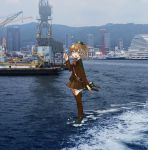  1girl annin_musou blazer blue_eyes brown_hair brown_legwear brown_skirt building commentary_request crane high_ponytail highres jacket kantai_collection kumano_(kantai_collection) long_hair looking_at_viewer machinery orange_neckwear photo_background pleated_skirt ponytail ship skirt solo tower turret walking walking_on_liquid watercraft waving 