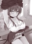  armpits arms_up blush breasts choker cleavage covered_nipples electric_guitar guitar highres instrument large_breasts long_hair monochrome noripachi original sitting sweat tank_top undressing 