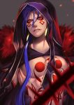  1boy bare_chest blue_hair chest_tattoo clenched_teeth cu_chulainn_alter_(fate/grand_order) earrings facial_mark fate/grand_order fate_(series) gae_bolg grey_background hair_over_shoulder hair_strand highres hood jewelry lancer long_hair looking_at_viewer male_focus rahato red_eyes solo spikes tattoo teeth upper_body 