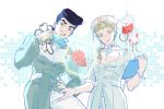  2boys blonde_hair blue_eyes blue_hair bracelet clipboard cube giorno_giovanna hat heart_(organ) heart_cutout higashikata_jousuke holding holding_clipboard intravenous_drip jewelry jojo_no_kimyou_na_bouken lccc multiple_boys nurse nurse_cap pectorals pompadour power_connection smile stethoscope surgeon white_background yellow_eyes 