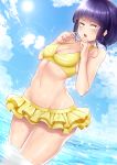  1girl absurdres bangs bare_arms bare_shoulders bikini bikini_skirt black_hair blue_sky blunt_bangs blush boku_no_hero_academia breasts cable cloud commentary_request day highres holding in_water jirou_kyouka kashima_mashino looking_at_viewer navel open_mouth outdoors short_hair sky small_breasts solo sun swimsuit upper_teeth water yellow_bikini 