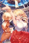  2girls :d armpits axe blonde_hair blue_eyes blush bracelet breasts cleavage colosseum confetti crowd dark_skin doris drill_hair earrings hair_between_eyes highres holding holding_sword holding_weapon jewelry large_breasts looking_at_viewer m-da_s-tarou microphone multiple_girls open_mouth red_eyes red_nails rocoroco short_hair side_ponytail sideboob skirt sleeveless smile staff sword tail tanaka_the_wizard tattoo teeth weapon 