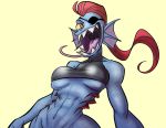 2019 abs anthro blue_skin bottomless breasts clothed clothing crop_top ear_frills eye_patch eyewear fish frill gills hair humanoid long_hair long_tongue looking_at_viewer marine open_mouth red_hair scalie sharp_teeth shirt skimpy slit_pupils smile solo standing teeth tight_clothing tongue tongue_out topwear trashbinpanda under_boob undertale undyne uvula video_games yellow_sclera 