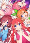  5girls ;d bangs black_ribbon blue_cardigan blue_eyes bow brown_hair cardigan circle_formation closed_mouth collared_shirt commentary_request eyebrows_visible_through_hair go-toubun_no_hanayome green_bow green_ribbon grin hair_between_eyes hair_over_one_eye hair_ribbon headphones headphones_around_neck highres jacket long_hair long_sleeves lying mika_pikazo multiple_girls nakano_ichika nakano_itsuki nakano_miku nakano_nino nakano_yotsuba on_back one_eye_closed open_mouth pink_hair purple_jacket red_hair ribbon round_teeth shirt sleeves_past_wrists smile sweater_vest teeth upper_teeth white_shirt 