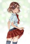  1girl black_legwear brown_eyes brown_hair hair_ornament hairpin highres looking_back misaka_mikoto naguramu red_neckwear red_skirt shirt short_hair skirt skirt_lift thighhighs to_aru_kagaku_no_railgun to_aru_majutsu_no_index white_shirt 