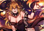  1girl artist_name bare_shoulders blonde_hair blue_eyes bowsette bracelet breasts cleavage collar commentary_request crown dress fingernails fire grin hair_between_eyes hand_up horns jewelry long_fingernails long_hair looking_at_viewer marchab_66 mario_(series) messy_hair red_nails shaded_face sharp_teeth shiny shiny_skin side_slit sleeveless sleeveless_dress smile solo sparkle spiked_armlet spiked_bracelet spiked_collar spiked_shell spikes teeth upper_body 