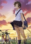  1girl bag bicycle bicycle_basket black_legwear brown_hair cloud crying duffel_bag gradient_sky grass ground_vehicle highres kneehighs konno_makoto looking_to_the_side open_mouth school_uniform shirt short_hair short_sleeves sky solo standing toki_wo_kakeru_shoujo twilight uniform white_shirt wind 