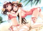  2girls :o absurdres all_fours ancotaku artist_name ass bare_arms bare_shoulders beach bikini blue_eyes blue_sky blurry blurry_foreground borrowed_character breasts brown_hair cleavage cloud cloudy_sky collarbone crossover day depth_of_field dutch_angle fang flower hair_flower hair_ornament head_wreath highres horizon large_breasts leaf long_hair looking_at_viewer mole mole_under_eye multiple_girls navel ocean one-piece_swimsuit open_mouth original outdoors parted_lips pink_bikini pink_swimsuit polka_dot polka_dot_bikini polka_dot_swimsuit sand scan shadow side-tie_bikini sidelocks sitting skindentation sky stomach sunlight swimsuit thigh_strap thighs water wavy_hair x_hair_ornament yellow_flower 