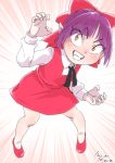  1girl bow cat_girl commentary_request dress gegege_no_kitarou hair_bow looking_at_viewer mizu_kane nekomusume open_mouth pointy_ears purple_hair red_bow red_dress short_hair solo yellow_eyes 