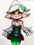  +_+ 1girl bare_shoulders black_dress breasts cleavage detached_collar domino_mask dress earrings eyebrows_visible_through_hair gloves gradient_hair green_hair green_legwear hair_rings highres hotaru_(splatoon) jewelry looking_at_viewer mask mole mole_under_eye multicolored_hair object_on_head orange_eyes pantyhose pointy_ears short_dress small_breasts smile solo splatoon_(series) splatoon_1 strapless strapless_dress tentacle_hair two-tone_hair white_gloves white_hair wuju_(1198979953) 