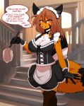  2019 absurd_res amber_eyes anthro black_fur breasts brown_hair canid canine chest_tuft cleavage clothed clothing english_text feather_duster female fluffy fluffy_tail fox fulvus fur gloves hair hi_res holding_object inside legwear looking_at_viewer maid_uniform mammal master open_mouth orange_fur sagestrike2_(artist) solo speech_bubble standing text thigh_highs tuft uniform white_fur 