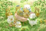  baguette bear bird black_eyes blush bow bowtie bread chair day food fork grass looking_at_another no_humans original outdoors picnic picnic_basket polar_bear red_bow red_neckwear scenery st.kuma traditional_media tree watercolor_(medium) 