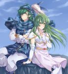  1boy 1girl absurdres armor back-to-back bandana cloak fingerless_gloves fire_emblem fire_emblem:_seisen_no_keifu fury_(fire_emblem) gloves green_eyes green_hair hair_over_eyes hat_feather highres levin_(fire_emblem) long_hair looking_at_viewer melka_(elyss-abyss) pauldrons sitting thighhighs 