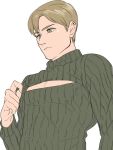  1boy artist_request blonde_hair closed_mouth clothes_pull green_eyes green_sweater james_sunderland long_sleeves looking_down meme_attire open-chest_sweater short_hair silent_hill_2 solo sweater white_background 