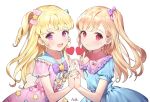  2girls artist_name azit_(down) blonde_hair blush bow closed_mouth collarbone commission eyebrows_visible_through_hair hair_bow highres holding_hands long_hair multiple_girls open_mouth original pink_eyes purple_bow purple_eyes side_ponytail signature smile yellow_bow 