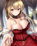  1boy 1girl azur_lane bangs bare_shoulders black_ribbon blonde_hair blush braid breasts cleavage closed_mouth collarbone crossed_bangs dress eyebrows_visible_through_hair fingernails french_braid hair_between_eyes hair_ribbon highres indoors jewelry king_george_v_(azur_lane) large_breasts long_hair looking_at_viewer necklace pov red_dress red_eyes ribbon ring sidelocks smile solo_focus strapless strapless_dress wedding_ring wsman 