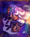  bed bound cuddling dragon duo embrace eyes_closed feathered_wings feathers feral friendship_is_magic fur hi_res hoof_boots hooves horn my_little_pony on_bed princess_celestia_(mlp) red_scales scales sleeping theowlette under_covers white_fur wings 
