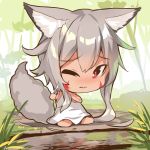  1girl animal_ear_fluff animal_ears bangs bare_arms bare_shoulders barefoot blush chibi closed_mouth commentary_request cutting_hair day dress eyebrows_visible_through_hair facial_mark fox_ears fox_girl fox_tail full_body grey_hair hair_between_eyes holding long_hair nose_blush on_ground one_eye_closed original outdoors red_eyes reflection sitting sleeveless sleeveless_dress solo tail very_long_hair wariza water wavy_mouth white_dress yuuji_(yukimimi) 