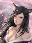  1girl absurdres animal_ears bare_shoulders black_hair blurry blurry_background breasts cat_ears character_name chuby_mi cleavage closed_mouth commission dutch_angle final_fantasy final_fantasy_xiv heterochromia highres japanese_clothes kimono lips long_hair looking_at_viewer medium_breasts miqo&#039;te off_shoulder petals slit_pupils smile solo sword upper_body weapon wind 