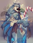  2018 anthro avian beverage blue_eyes blue_feathers bulge feathers glass looking_at_viewer luerstine male muscular muscular_male solo straw 