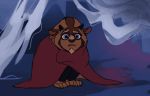  2d_animation 4_toes aged_down animated anthro beast_(disney) beauty_and_the_beast bedding black_clothing black_pupils blanket blue_eyes bovid brown_fur cheek_tuft chin_tuft clothing crying cub fur fur_tuft male mammal monster multicolored_fur pouting sad teardrop tears toes tuft willow-s-linda young 