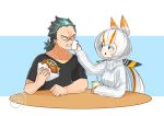  1boy 1girl absurdres black_hair blue_eyes cup disposable_cup drinking_straw ears food glowing glowing_hair godzilla godzilla:_king_of_the_monsters godzilla_(2014) godzilla_(series) hamburger highres matarou0625 mothra mothra_(godzilla:_king_of_the_monsters) napkin personification ponytail ribbed_sweater scar scolding sharp_teeth shirt sweater t-shirt table teeth tied_hair white_hair wiping_mouth 
