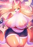  absurd_res anthro big_breasts breasts canid canine clothed clothing exposed_breasts female fur hi_res huge_breasts looking_at_viewer mammal nipples overweight overweight_female smile solo standing sylviajo thick_thighs voluptuous wide_hips 