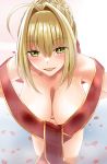  1girl ahoge bangs bare_shoulders bath blonde_hair blush braid breasts collarbone covered_nipples fate/extra fate_(series) french_braid gachou green_eyes hair_between_eyes hair_bun hair_intakes highres large_breasts leaning_forward long_hair looking_at_viewer nero_claudius_(fate) nero_claudius_(fate)_(all) open_mouth petals rose_petals sash smile solo thighs wet 