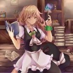  1girl :/ apron black_skirt black_vest blonde_hair book book_stack braid commentary_request cravat crystal eyebrows_visible_through_hair flask hair_between_eyes hair_ribbon hat hat_removed hat_ribbon headwear_removed highres holding holding_book holding_flask hourglass indoors kirisame_marisa long_hair looking_at_viewer mushroom on_floor open_book paper plant potted_plant puffy_short_sleeves puffy_sleeves ri_cochet ribbon shelf shirt short_sleeves single_braid sitting skirt smoke solo test_tube test_tube_rack touhou tress_ribbon very_long_hair vest waist_apron wariza white_neckwear white_shirt wing_collar witch_hat wooden_floor yellow_eyes 