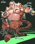  2019 anthro belly blue_eyes bulge clothing felid hi_res hombretigre liquid looking_at_viewer male mammal musclegut muscular muscular_male navel nipples open_mouth open_smile pantherine pecs penis poking_out reclamon smile solo tiger tokyo_afterschool_summoners video_games 