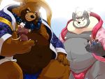  2019 4:3 anthro balls belly blush brown_fur canid canine canis clothing domestic_dog eclipsewolf fundoshi fur group hi_res japanese_clothing male mammal moobs mouse murid murine navel nipples overweight overweight_male raccoon_dog robe rodent scared tanuki underwear white_fur wolf 