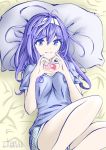  bare_legs blue_eyes blue_hair breasts chaesu hairband heart heart_hands long_hair looking_at_viewer lying medium_breasts on_back on_bed orie_(under_night_in-birth) pillow shirt shorts smile t-shirt thighs under_night_in-birth 