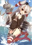  1girl :d absurdres amatsukaze_(kantai_collection) ameto_yuki black_panties blue_sky blush brown_eyes brown_hair buttons choker clenched_hand cloud cloudy_sky collarbone day dress fang fingernails garter_straps gloves hand_on_own_chest highres kantai_collection long_hair long_sleeves looking_at_viewer o_o ocean open_mouth outdoors panties red_legwear rensouhou-kun sailor_dress scan shiny shiny_hair short_dress side-tie_panties silver_hair single_glove sky smile sparkle striped striped_legwear thighs underwear water water_drop white_gloves 