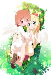  2girls angel_wings bangs blonde_hair blush bow brown_hair chair chestnut_mouth commentary dress eyebrows_visible_through_hair fang feathered_wings grass green_eyes hair_between_eyes hair_bow halo highres himesaka_noa hoshino_hinata hug long_hair looking_at_viewer makuran multiple_girls red_bow red_eyes sandal_removed sandals sitting watashi_ni_tenshi_ga_maiorita! white_dress wide_sleeves wings 