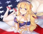  1girl american_flag bangs bitchcraft123 blonde_hair blue_shirt blush breasts cleavage closed_mouth collar eyebrows_visible_through_hair fletcher_(kantai_collection) gloves hair_ornament kantai_collection large_breasts long_hair looking_at_viewer lying off_shoulder pleated_skirt sailor_collar school_uniform serafuku shirt skirt smile solo star thighhighs thighs white_gloves white_legwear white_skirt yellow_neckwear 